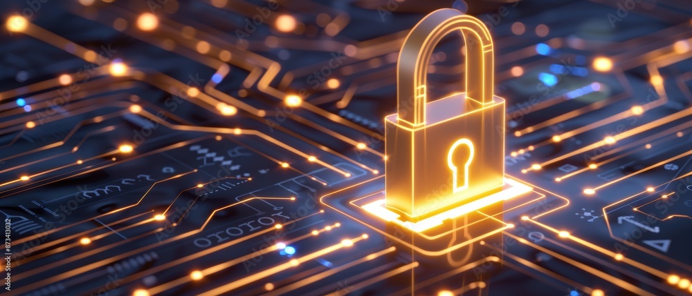Poster glowing padlock icon on a digital circuit board background representing cybersecurity and data prote