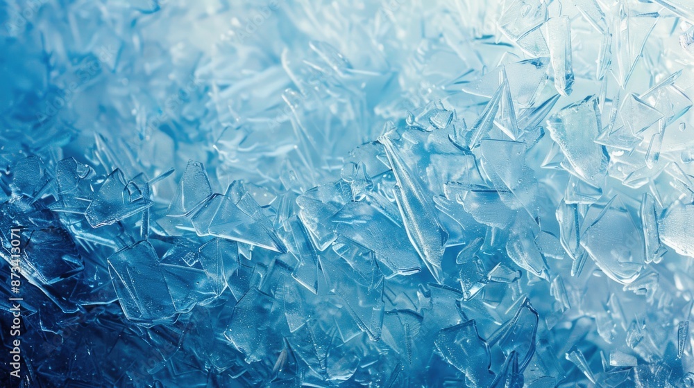 Poster a blue background with ice shards scattered across it. the ice shards are broken and scattered, crea