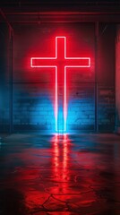 Neon cross sign glowing in red and blue colors inside a dimly lit industrial room with reflective floor.