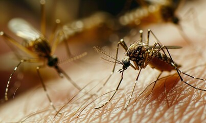 Fototapeta premium Mosquitoes on the skin. Mosquitoes attack in tropical forests. Insect repellent. Prevention of malaria and dengue fever, Generative AI