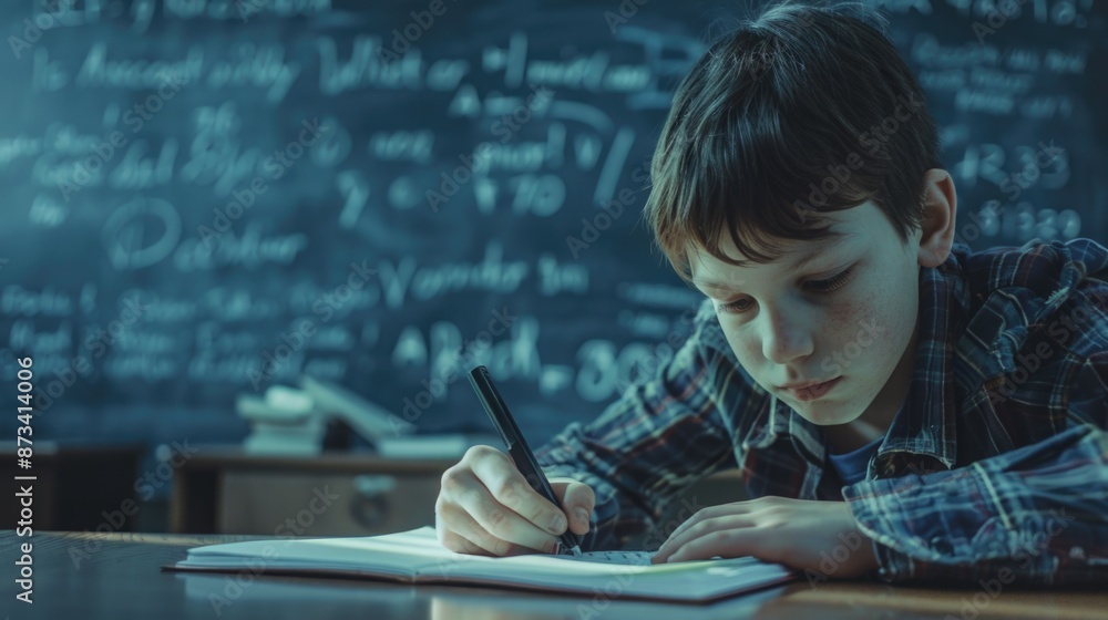 Aufkleber a boy is writing in a notebook in a classroom. the classroom has a chalkboard with many numbers and 