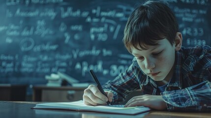 A boy is writing in a notebook in a classroom. The classroom has a chalkboard with many numbers and letters on it