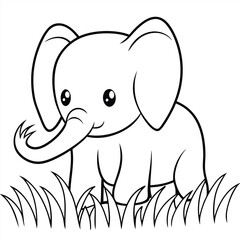 baby elephant with in the grass vector line art