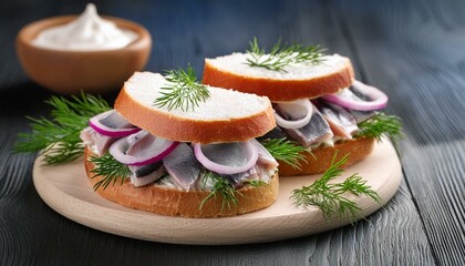 Sandwich with tuna and herring with dill, onions and mayonnaise