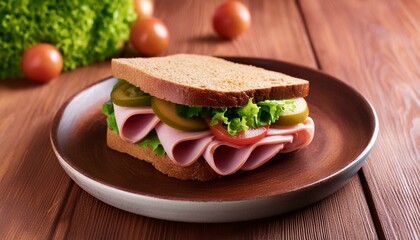 Sandwich with vegetables and ham on wooden background; copy space
