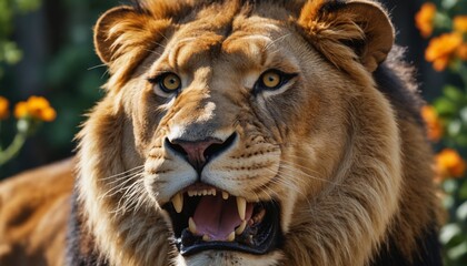 Fototapeta premium A close-up portrait of a lioness roaring in the sun