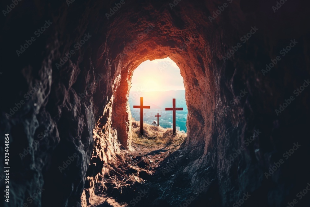Poster a cave with three crosses in it. the crosses are in the middle of the cave and are surrounded by a d