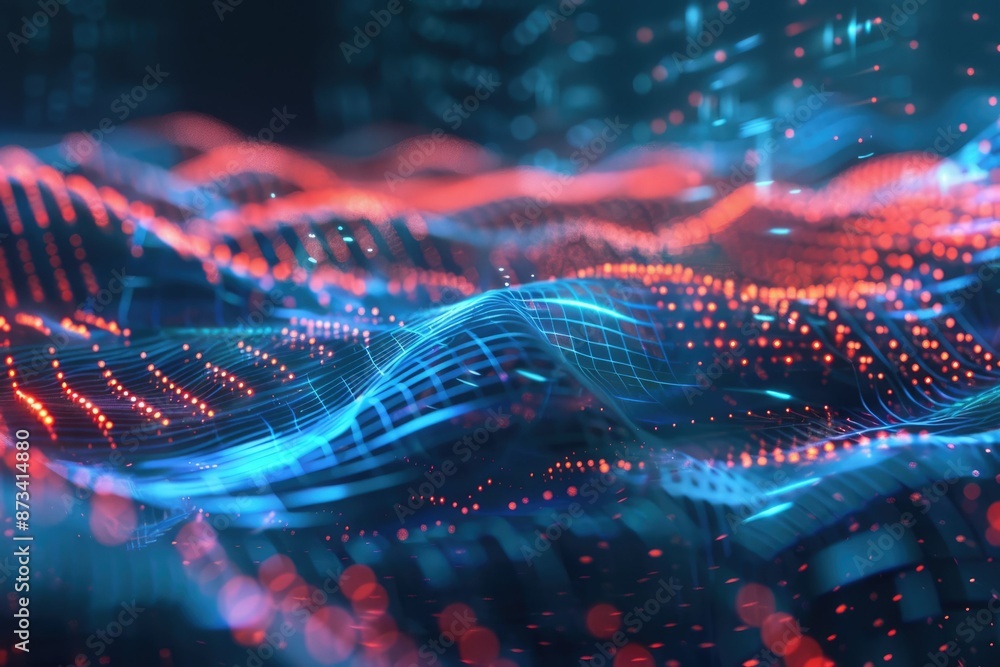 Poster 3d illustration of abstract digital waves representing data flow and network connections amid dynami