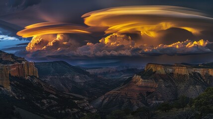 Fototapeta premium A mesmerizing view of towering lenticular clouds glowing in golden light, casting dramatic shadows over a vast mountain range.