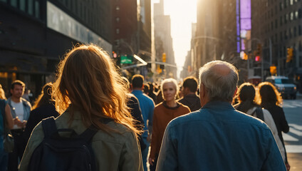 Many people walk down the street in New York, summer