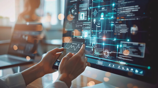 A businesswoman working with digital marketing media on a virtual screen, using a mobile phone and modern computer with a VR icon diagram in the office during morning light.
