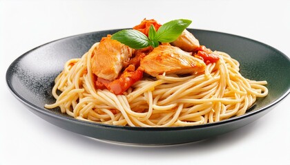 Spaghetti with chicken and tomato sauce, isolated on white background