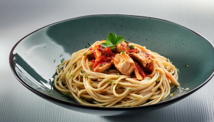 Spaghetti with chicken and tomato sauce, isolated on white background