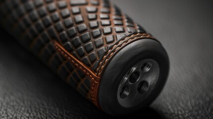 An angled shot of a highend golf club grip showing off its premium leather material and meticulous handstitching. The grip is embossed with a subtle pattern providing both style and