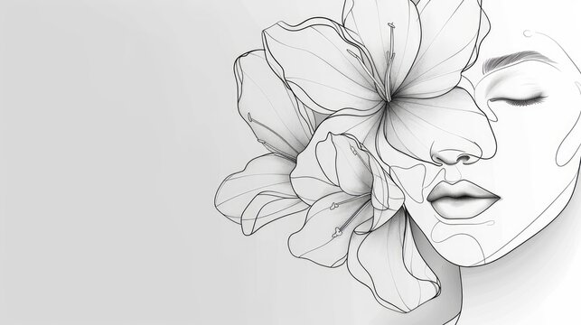 A minimalist floral sketch, using black and white flower outlines to suggest the subtle features of a woman's face, merging nature with human allure.