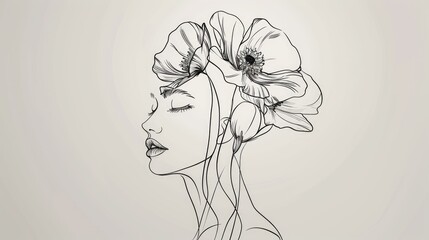 A minimalist floral sketch, using black and white flower outlines to suggest the subtle features of a woman's face, merging nature with human allure.