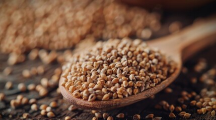 A spoonful of grain is shown on a wooden table. The grain is brown and he is a type of cereal. The spoon is placed in the middle of the grain, and the grain is spread out around it