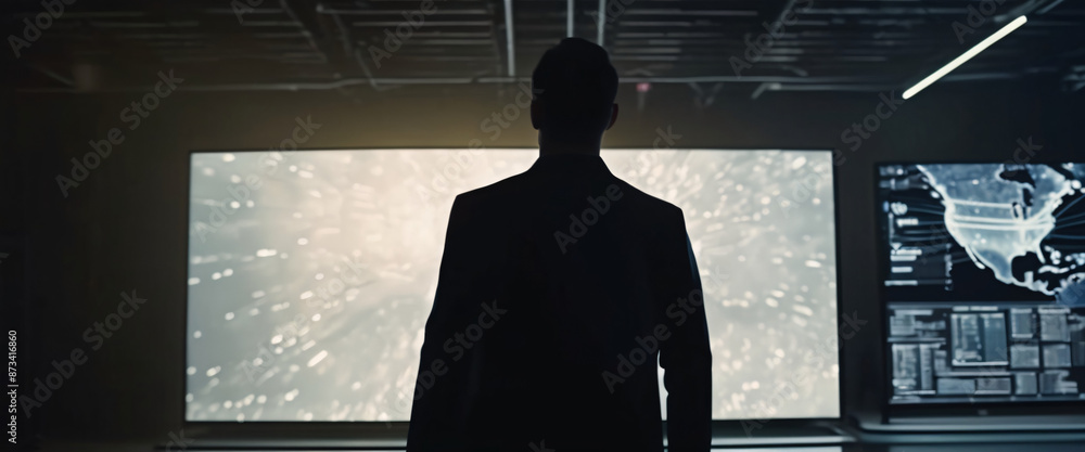 Poster a silhouette of a person standing in front of a giant digital screen with a flow of data showing var