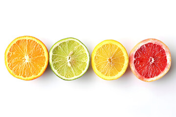 Citrus slices half in a row isolated on white background