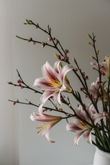 The image is of a vase of pink lilies with budding cherry blossoms.

