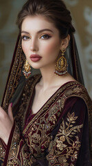 Elegant Woman in Red Saree with Golden Jewelry and Earrings