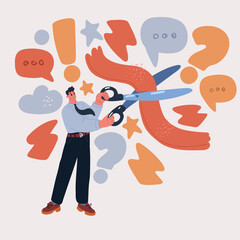 Carton vector illustration of Human hand holding a pair of scissors and cut the red ribbon.