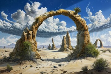 Fototapeta premium Surreal digital artwork illustration of a fantasy desert archway scenery with imaginative rock formations. Tranquil sky. And exotic sand wilderness landscape