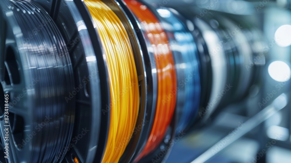 Aufkleber a detailed shot of a 3d printers filament spool with the thin strands of plastic being fed through t