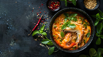 Steaming bowl of Laksa with rich coconut curry, prawns, noodles and fresh herbs