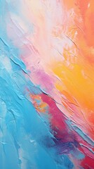 Abstract painting featuring vibrant blue, pink, orange, and yellow hues blended with textured brush strokes.