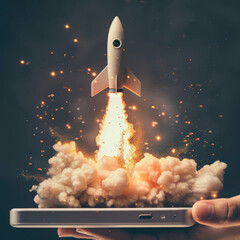 A hand launching a digital rocket from a tablet, symbolizing the concept of start-up and innovation.