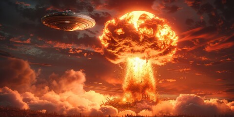 A breathtaking depiction of an apocalyptic scene featuring a colossal explosion with a mushroom cloud, under a dramatic sky, with a UFO soaring above