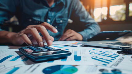 A businessman using a calculator to analyze financial data and sales figures on an economic growth chart, focusing on banking, finance, digital marketing, and business strategy.
