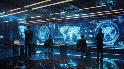 A team of professionals monitor a large digital screen displaying a world map and data visualizations in a high-tech control room.