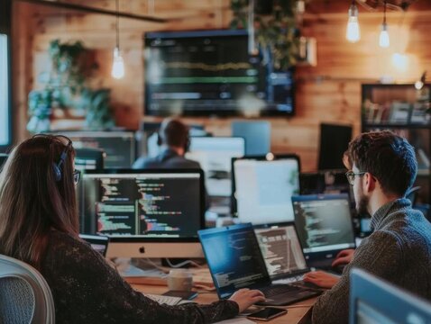 A team of programmers working on code in a modern office.  They are focused on their tasks, surrounded by technology.