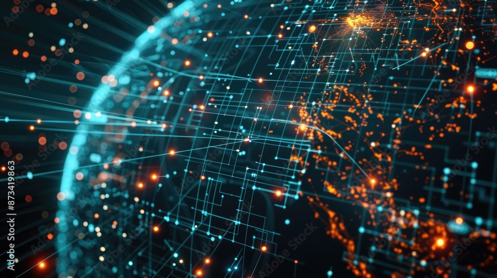 Poster abstract digital globe with glowing lines and data points, representing global connectivity and tech