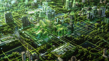 Obraz premium Abstract city with green circuit board. A futuristic representation of a city integrated with technology and nature.