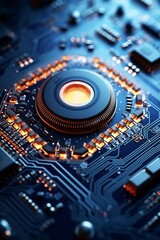 Close-up of a glowing central processor on a blue electronic circuit board, showcasing intricate details and connectivity.