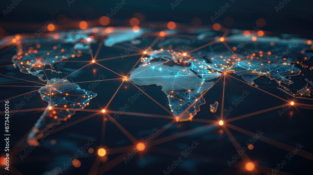 Poster abstract world map with glowing lines representing global connectivity and network.