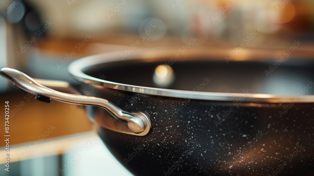 Poster a detailed shot of an electric woks handle showing its sy design and comfortable grip. the handle cu