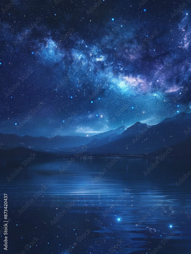 Wall mural A serene view of a starry night sky over a mountainous landscape, with the cosmic beauty reflected in tranquil water.