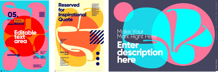 A vibrant poster set featuring editable text areas, inspirational quotes, and customizable descriptions. The design showcases bold colors and abstract shapes, blending vintage .