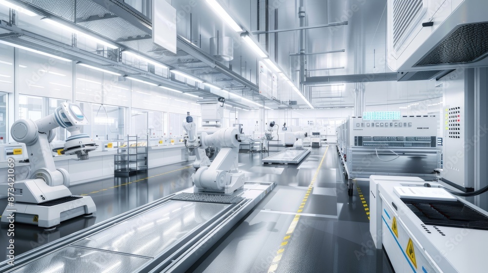 Poster modern automated factory with robotic arms and conveyor belts in a clean, well-lit environment.