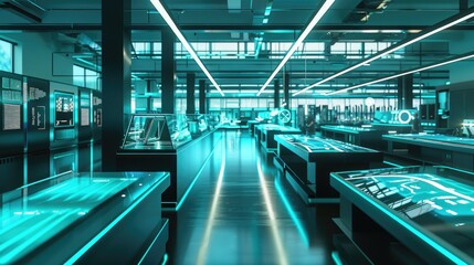 Naklejka premium Modern, futuristic retail space with sleek, minimalist design and vibrant blue lighting.