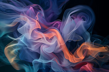Floating smoke-like shapes in various colors on a black background, creating an ethereal and mesmerizing visual effect.