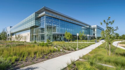 Obraz premium Modern glass office building with landscaped grounds and walkway.