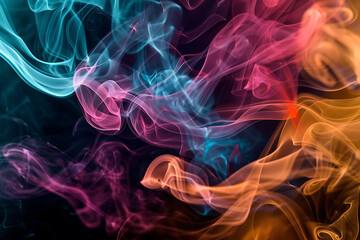 Floating smoke-like shapes in various colors on a black background, creating an ethereal and mesmerizing visual effect.