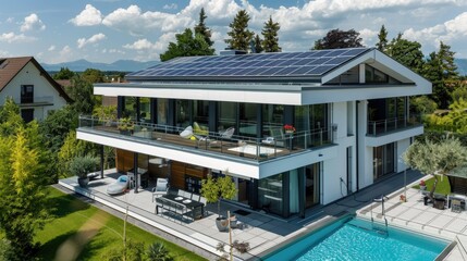 Fototapeta premium Modern house with solar panels on roof, swimming pool, and lush green lawn.