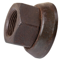 Old rusty truck wheel nut. Isolated background.