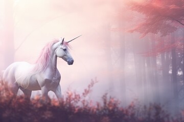 A majestic unicorn with a pink mane stands in an ethereal forest with mist and soft, pastel-colored light.